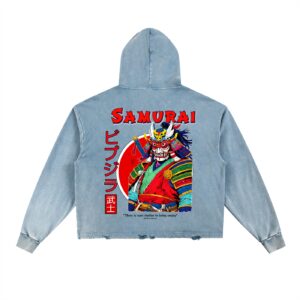 Samurai Art Vintage Washed Frayed-Hem Hoodie